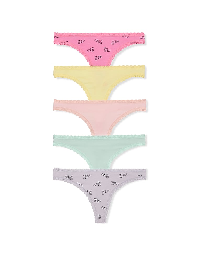 Victoria's Secret, Victoria's Secret 5-Pack Cotton Lace-Trim Thong Panties, offModelFront, 1 of 1