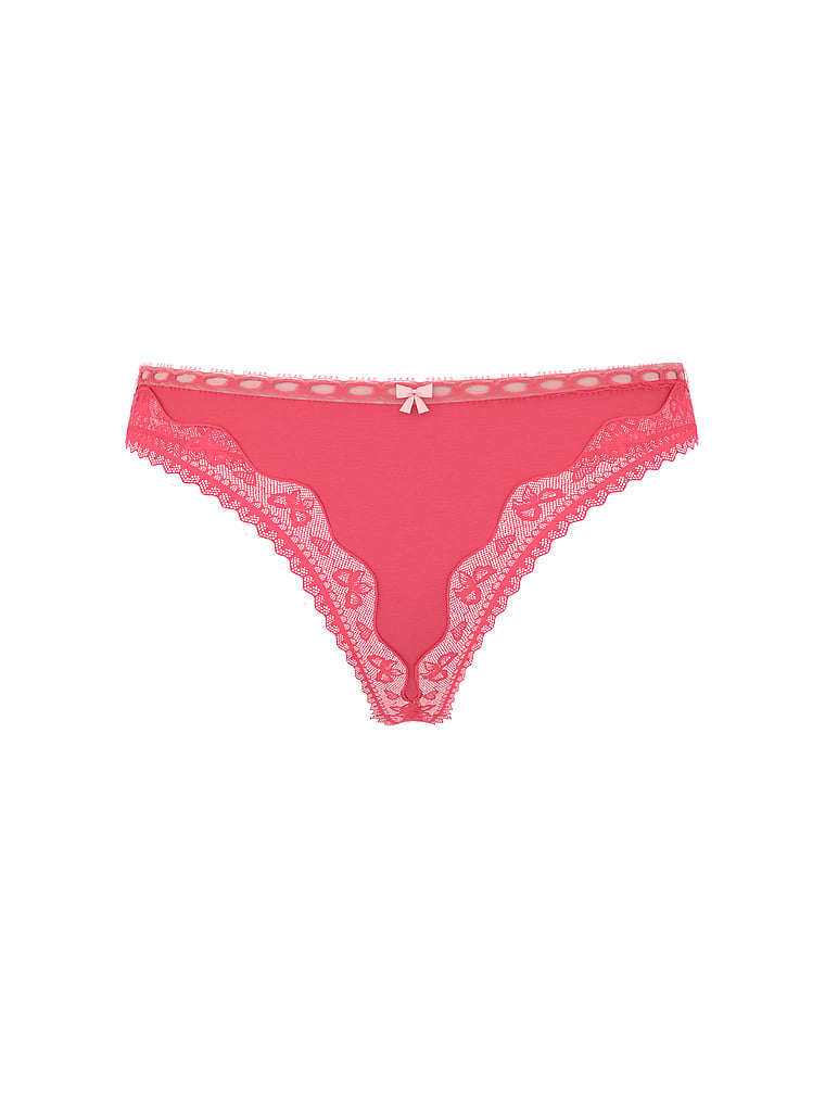Victoria's Secret, Lace Trim Cotton Lace-Waist Thong, Poppy, offModelFront, 3 of 3