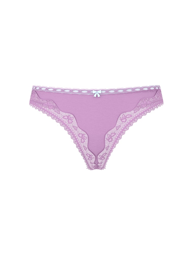 Victoria's Secret, Lace Trim Cotton Bow Lace-Trim Thong Panty, Light Lilac, offModelFront, 3 of 3