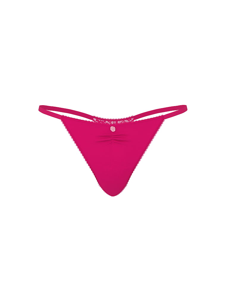 Victoria's Secret, Victoria's Secret Stretch Cotton Heart Lace V-String Panty, Pop Pink, offModelFront, 3 of 3