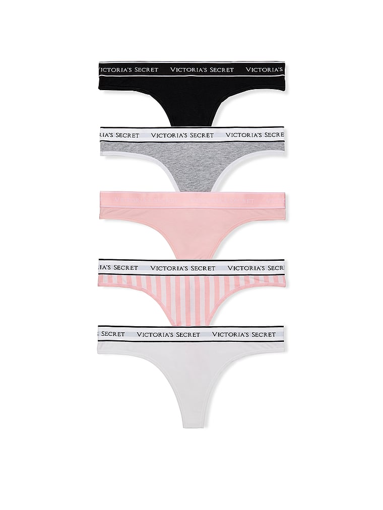 Victoria's Secret, Victoria's Secret 5-Pack Logo Cotton Thong Panties, Multi, offModelFront, 1 of 1