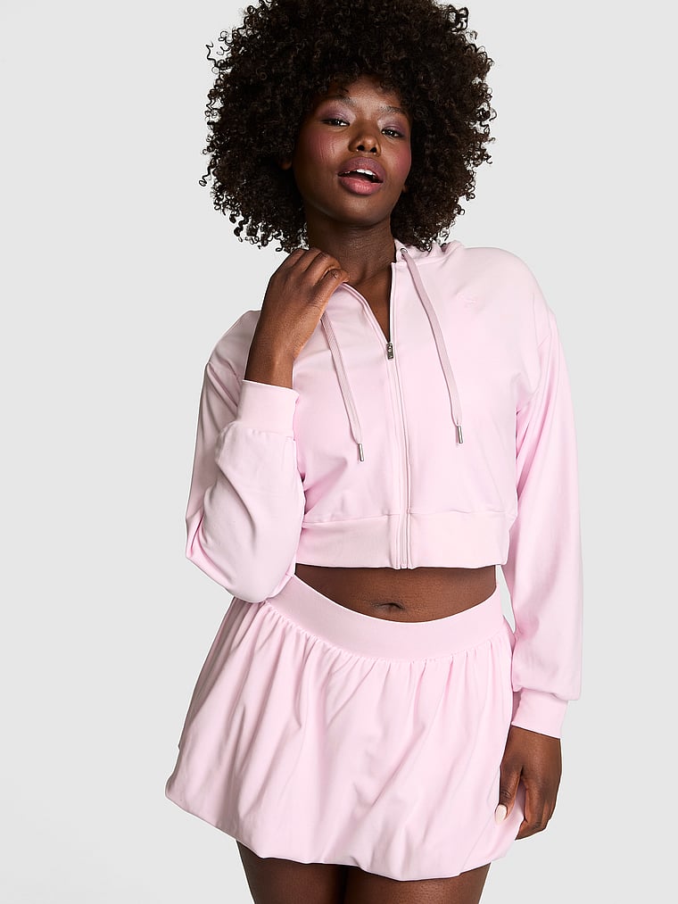 Soft Modal Bubble-Sleeve Full-Zip Cropped Hoodie