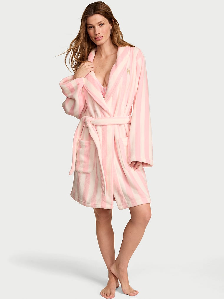 Victoria's Secret, Victoria's Secret Cozy Plush Robe, Pretty Blossom Iconic Stripes, onModelFront, 1 of 2 Maggie is 5'7" and wears Small