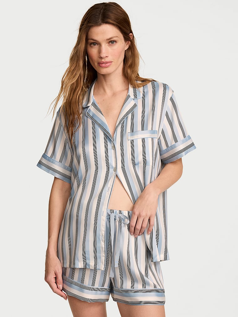 Victoria's Secret, Victoria's Secret Signature Satin Short Pajama Set, Celestial Blue Stripes, onModelFront, 1 of 4 Maggie is 5'7" and wears S/Regular