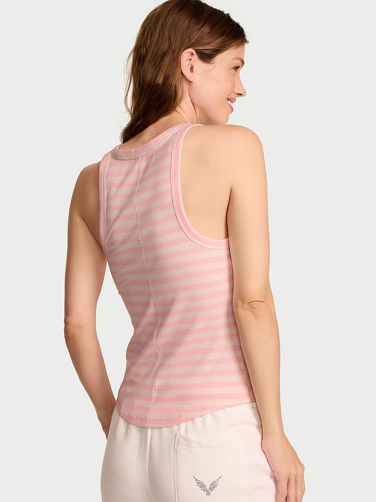 Victoria's Secret, Angel Essentials VS Iconic Rib Racerback Tank Top, Pretty Blossom Stripes, onModelBack, 3 of 4 Maggie is 5'7" or 170cm and wears Small