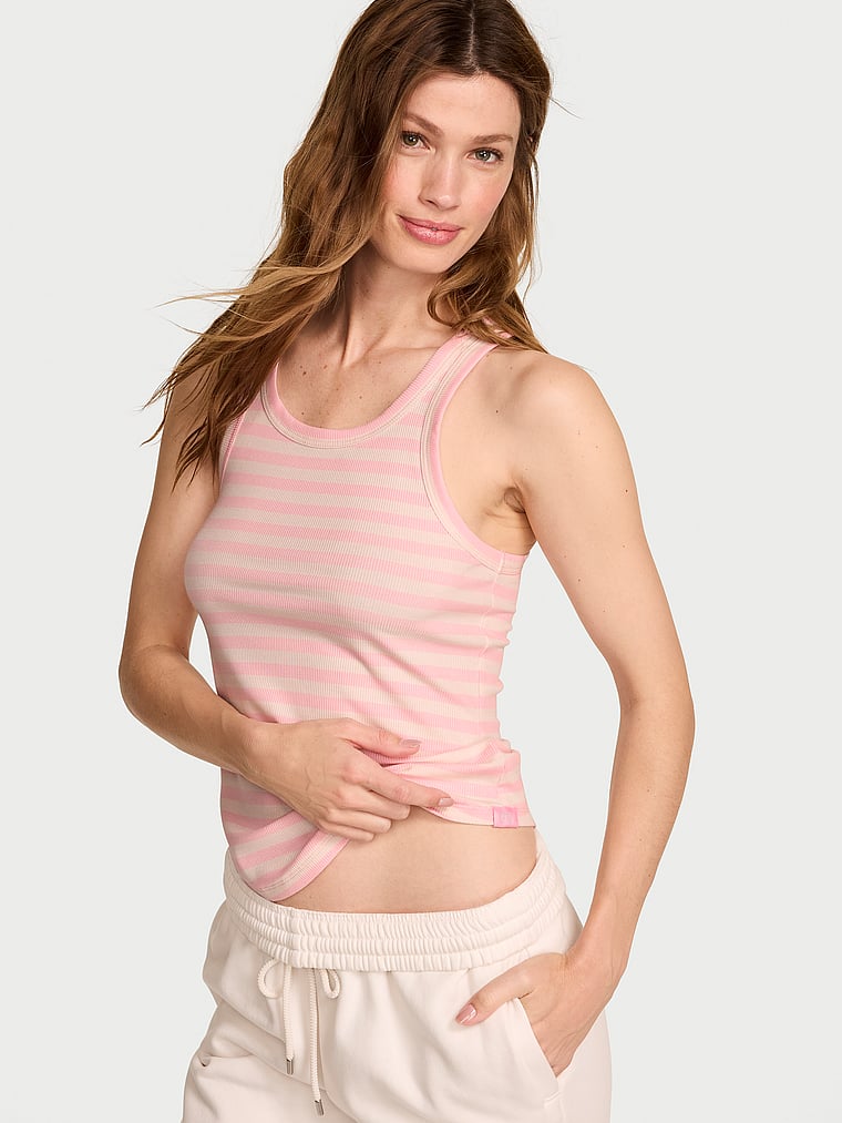Victoria's Secret, Angel Essentials VS Iconic Rib Racerback Tank Top, Pretty Blossom Stripes, onModelSide, 4 of 4 Maggie is 5'7" or 170cm and wears Small