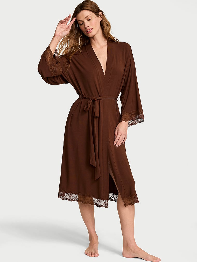 Victoria's Secret, Victoria's Secret SoSoft™ Modal Lace-Trim Robe, Ganache, onModelFront, 1 of 4 Maggie is 5'7" and wears Small