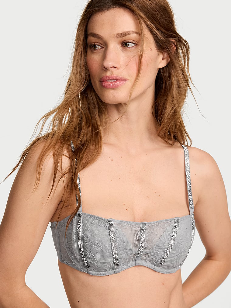 Victoria's Secret, Very Sexy Rose Lace Gradient Shine Bandeau Bra, Sterling, onModelFront, 1 of 4 Maggie is 5'7" and wears 32B or Small
