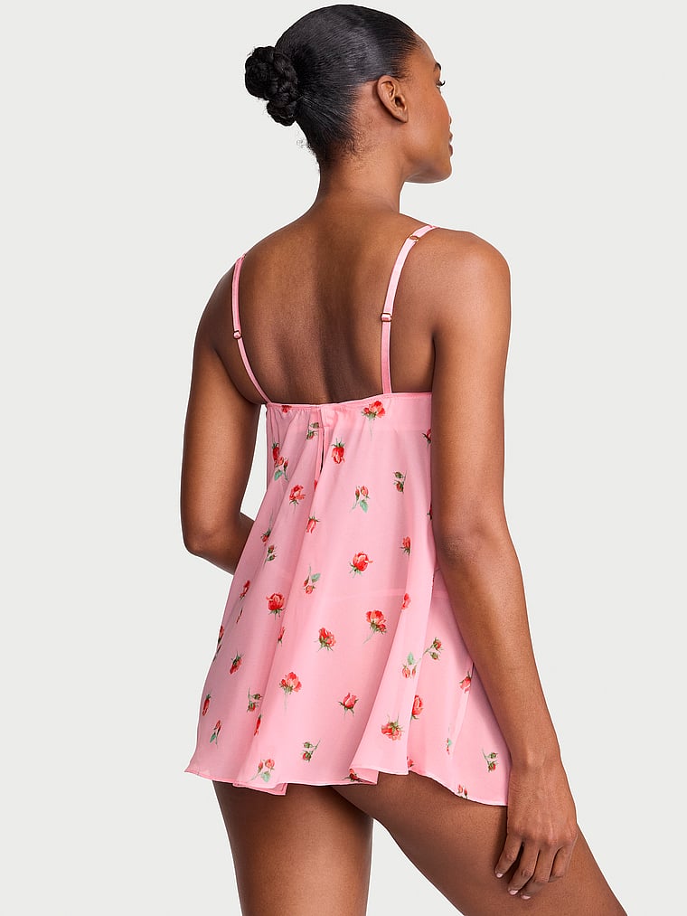 Victoria's Secret, Dream Angels Chiffon Unlined Balconette Babydoll Set, Petal Pink Floral, onModelBack, 2 of 3
