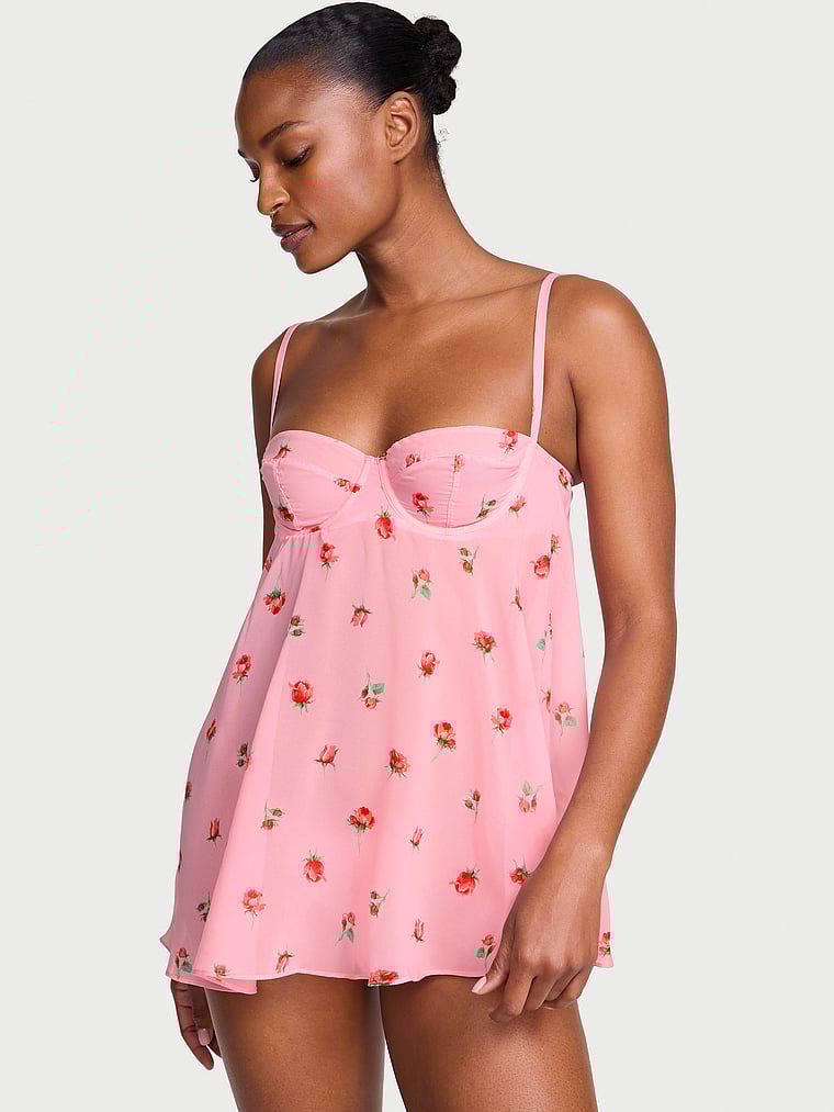 Victoria's Secret, Dream Angels Chiffon Unlined Balconette Babydoll Set, Petal Pink Floral, onModelFront, 1 of 3