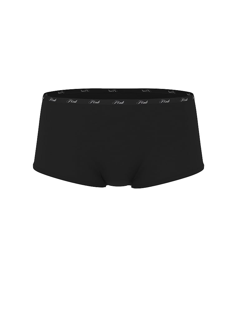 PINK Logo Cotton Boyshort Panty, Black, offModelFront, 3 of 3