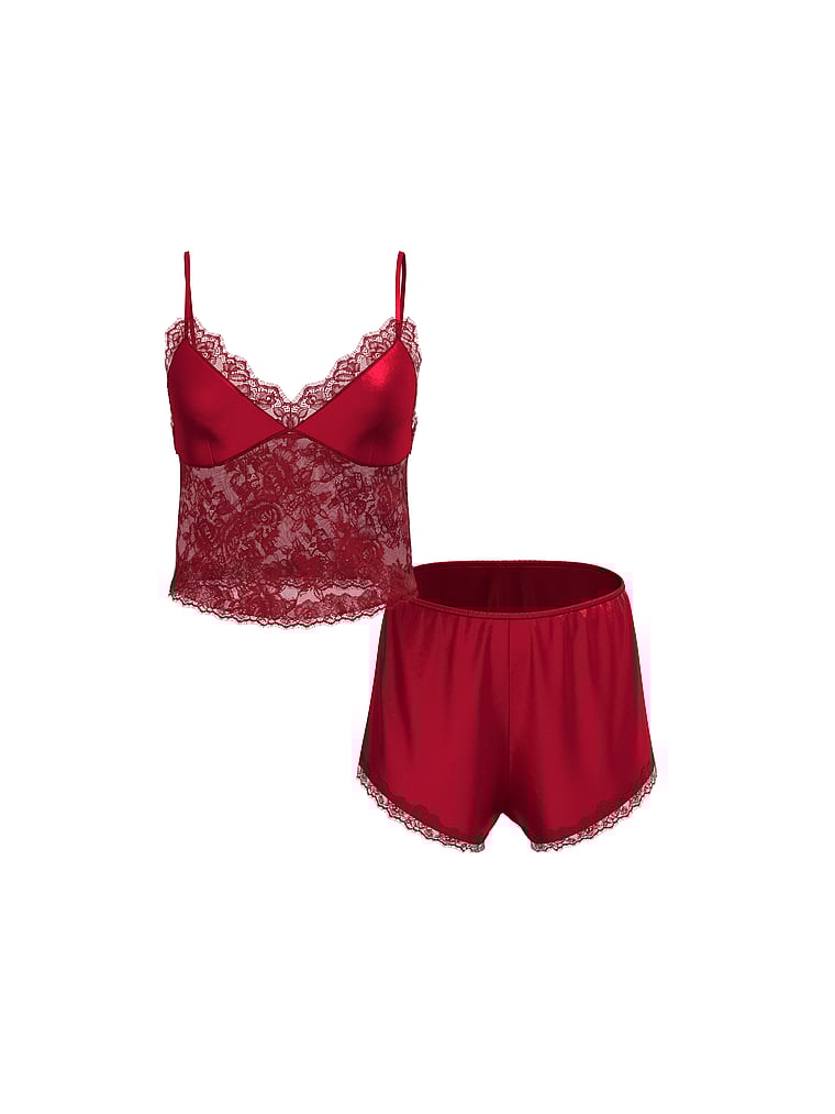 Victoria's Secret, Very Sexy Satin Lace-Trim Cami & Flutter Short Set, Red Lacquer, offModelFront, 3 of 3