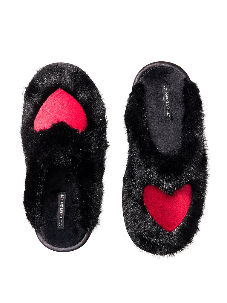 Victoria's Secret, Victoria's Secret Luxe Plush Closed-Toe Slippers, Black With Red Heart, offModelFront, 1 of 2