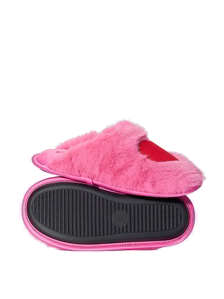 Victoria's Secret, Victoria's Secret Luxe Plush Closed-Toe Slippers, Pink With Red Heart, offModelBack, 3 of 3