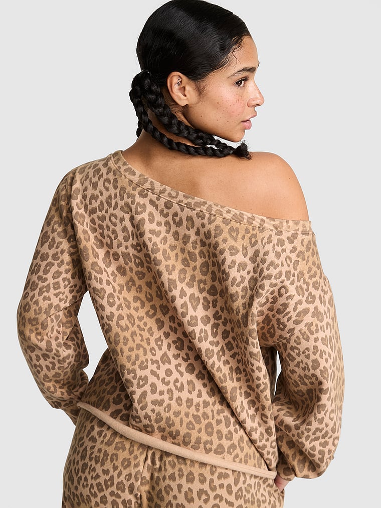 PINK Campus Fleece™ Rib Off-The-Shoulder Sweatshirt, Leopard, onModelBack, 2 of 2