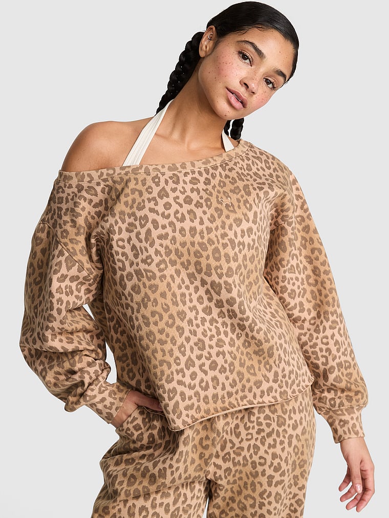 PINK Campus Fleece™ Rib Off-The-Shoulder Sweatshirt, Leopard, onModelFront, 1 of 2