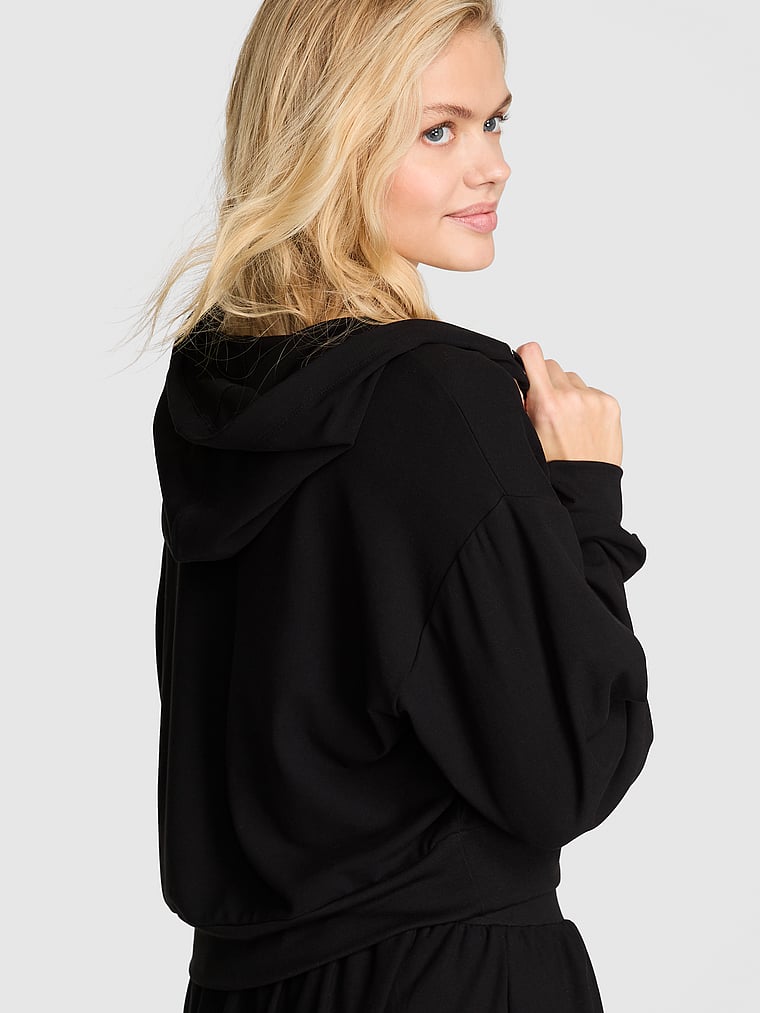 PINK Soft Modal Bubble-Sleeve Full-Zip Cropped Hoodie, Pure Black, onModelBack, 2 of 3