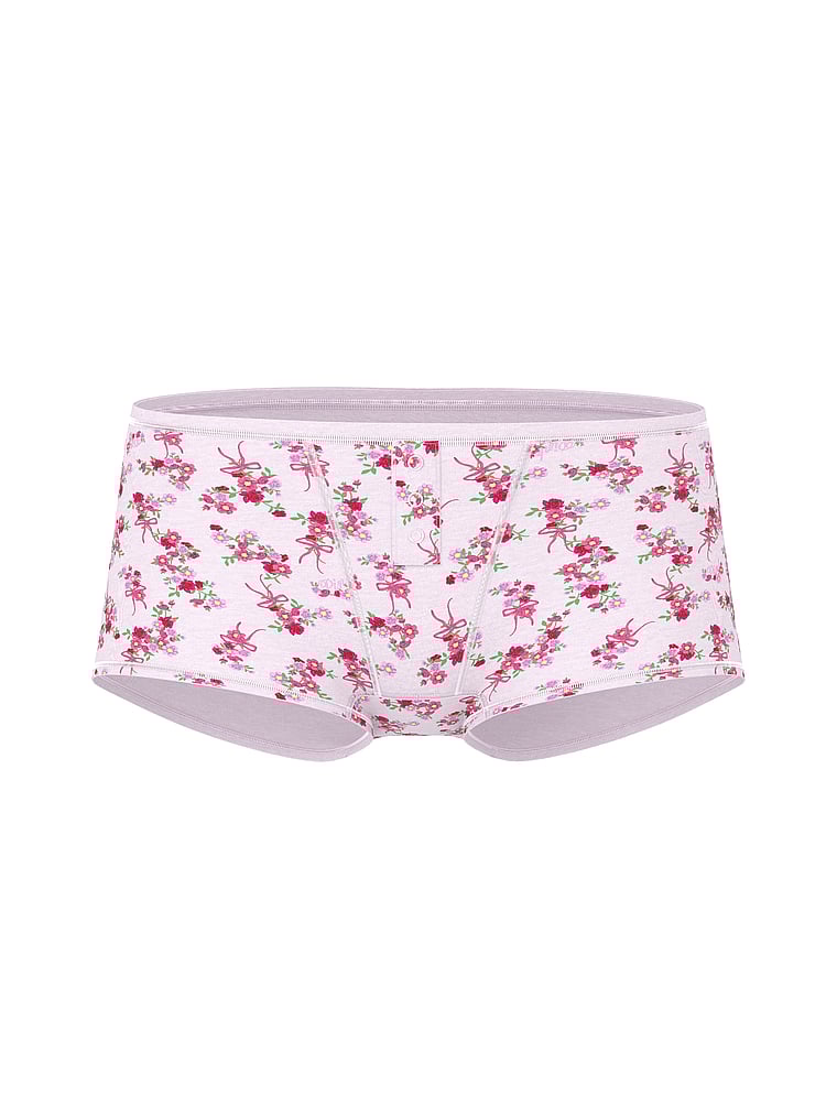 PINK Cotton Dorm Boyshort Panty, Pink Tulip Floral Bow, offModelFront, 3 of 3