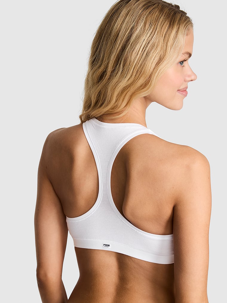 PINK Cotton Dorm Unlined Racerback Bralette, White, onModelBack, 2 of 3