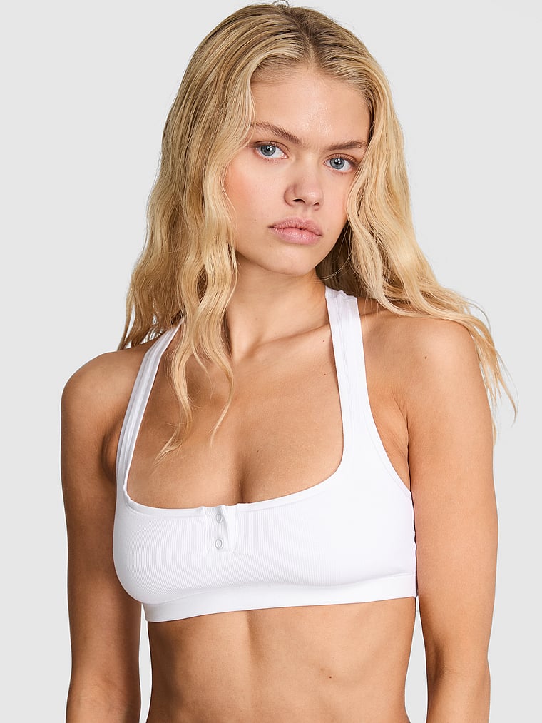 PINK Cotton Dorm Unlined Racerback Bralette, White, onModelFront, 1 of 3