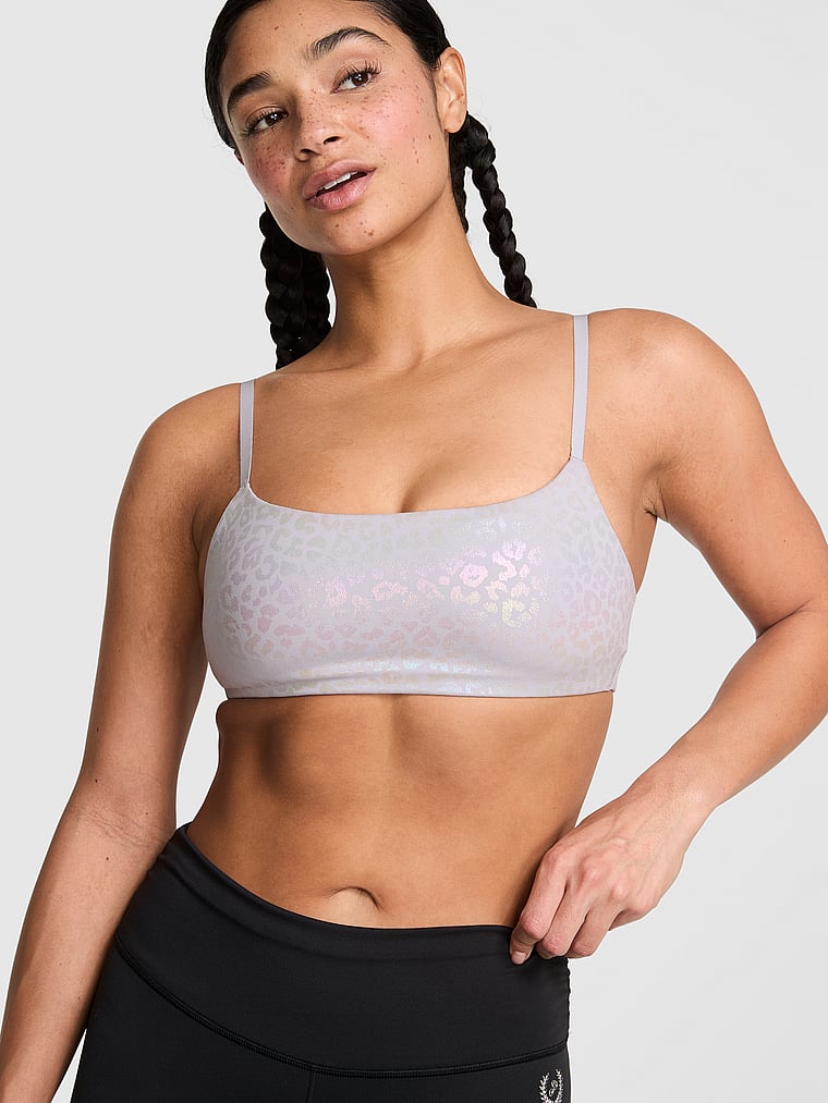 PINK Relay Square-Neck Sports Bra, Dusty Lilac Leo Foil, onModelFront, 1 of 3