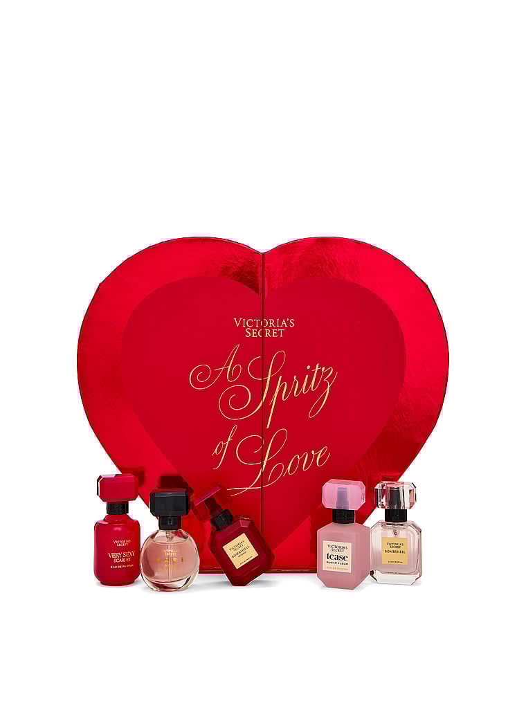Victoria's Secret, Fine Fragrance 5-Piece Fragrance Discovery Gift Set including Tease Sugar Fleur and Heart-Shaped Box , Multicolored, onModelBack, 2 of 3
