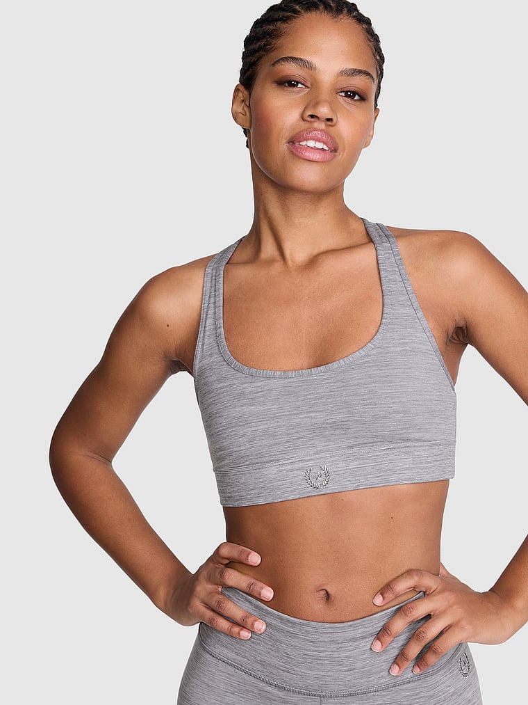 PINK PINK Relay™ Racerback Sports Bra, Night Owl Grey Marl, onModelFront, 1 of 2