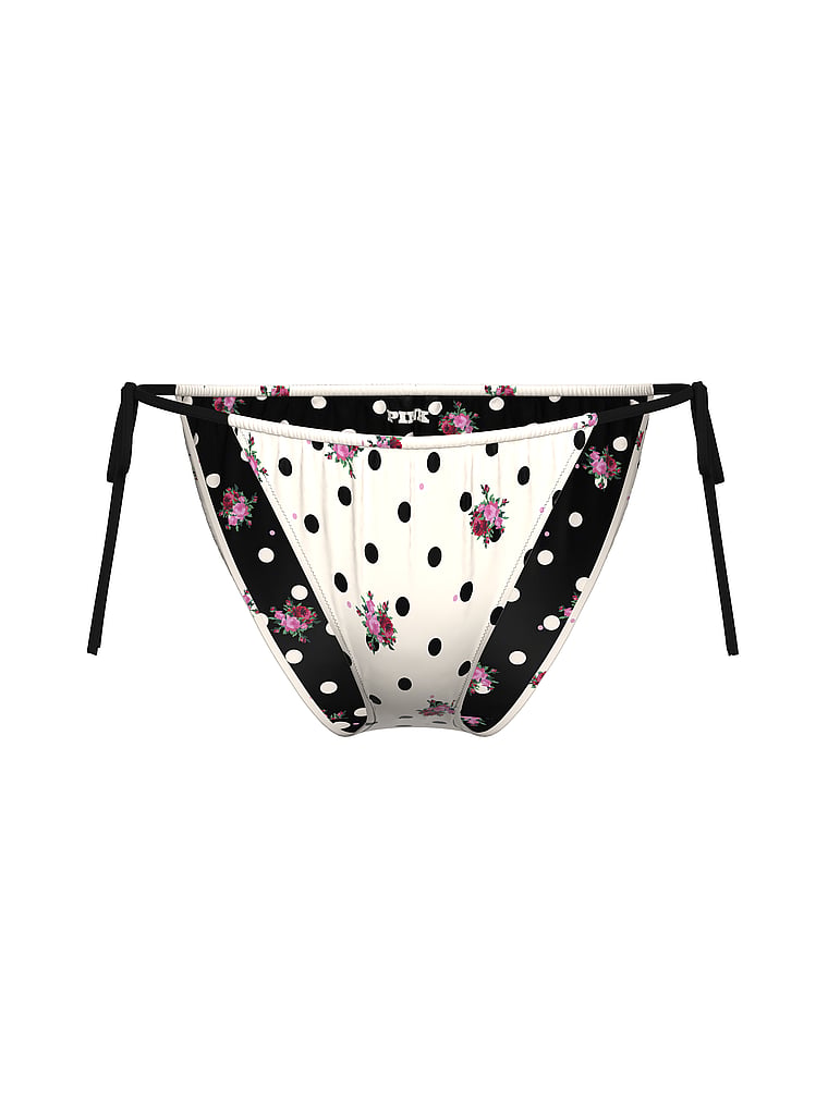 PINK SWIM Reversible Side-Tie Cheeky Bikini Bottom, Floral Dot Winter White/Pure Black, offModelFront, 4 of 5