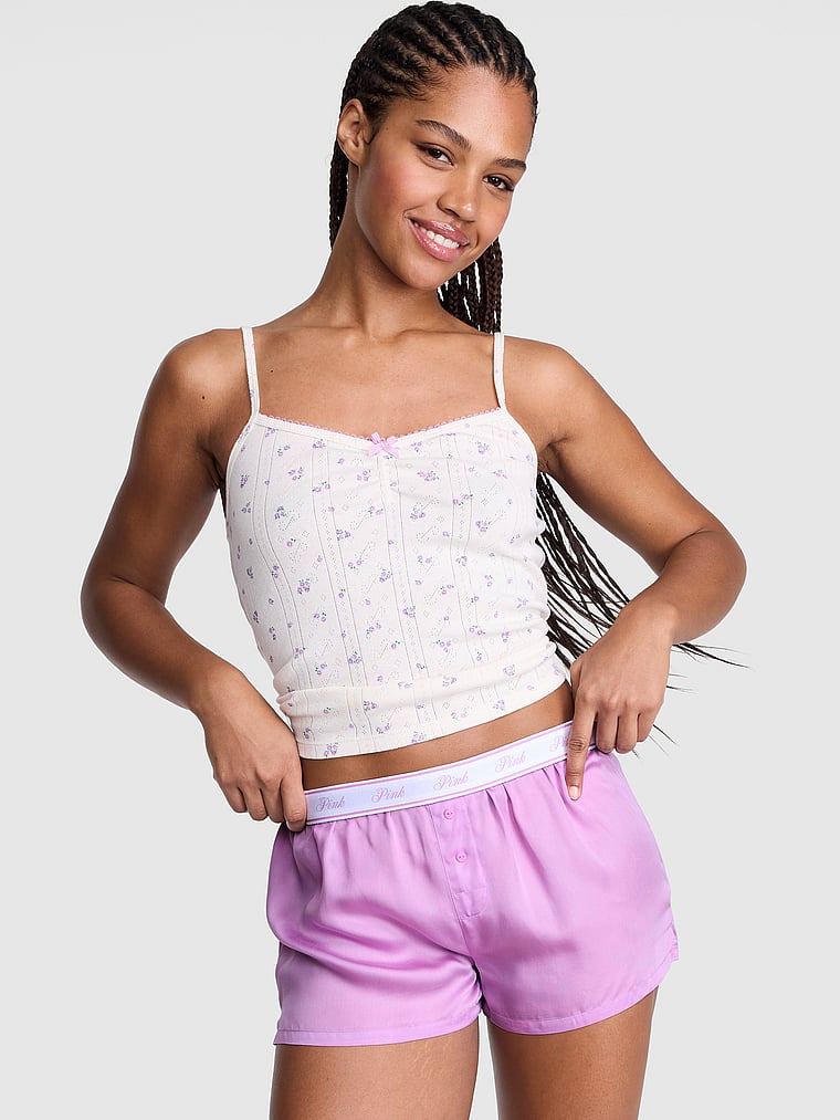 PINK Cotton Boxy Pajama Shorts, Light Lilac, detail, 3 of 3