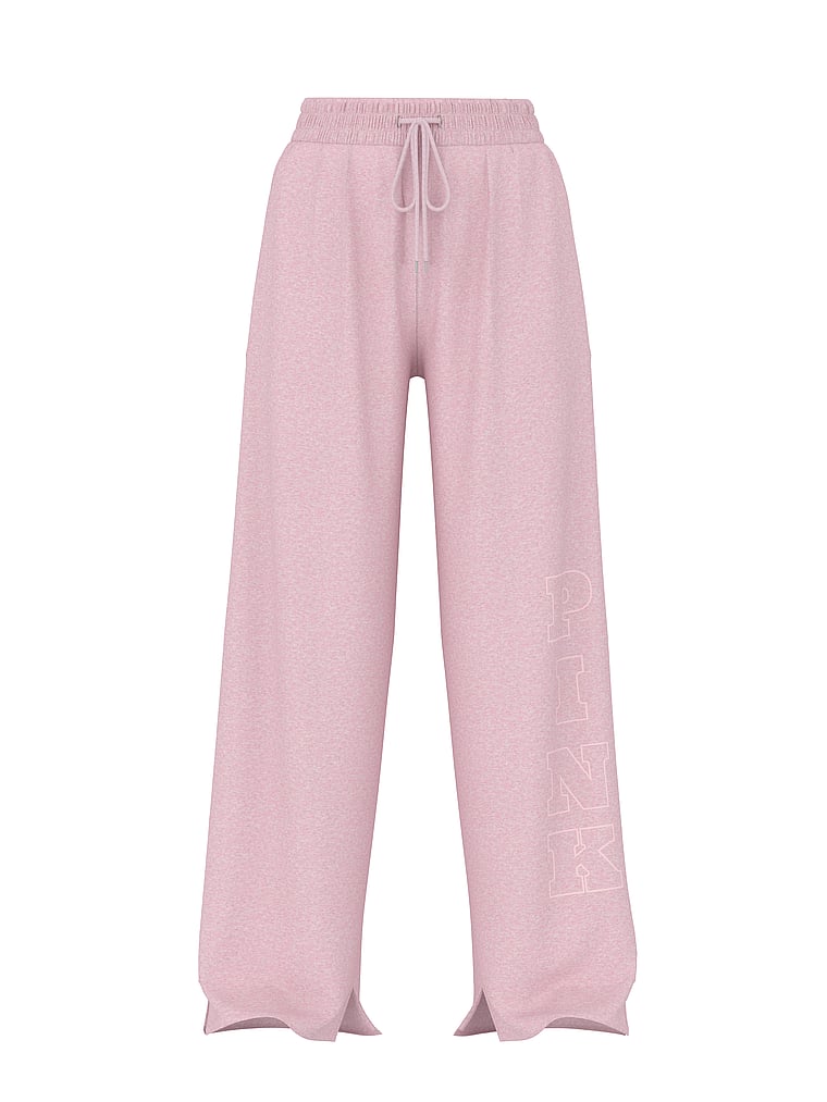 PINK Campus Fleece™ Wide-Leg Split-Hem Sweatpants, Heathered Pink Petal Woven Shine, offModelFront, 4 of 5