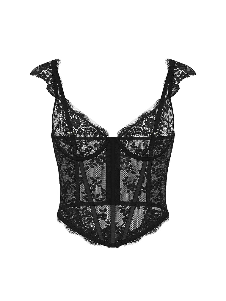 Victoria's Secret, Dream Angels Lace Cap-Sleeve Corset Top, Black, offModelFront, 3 of 3