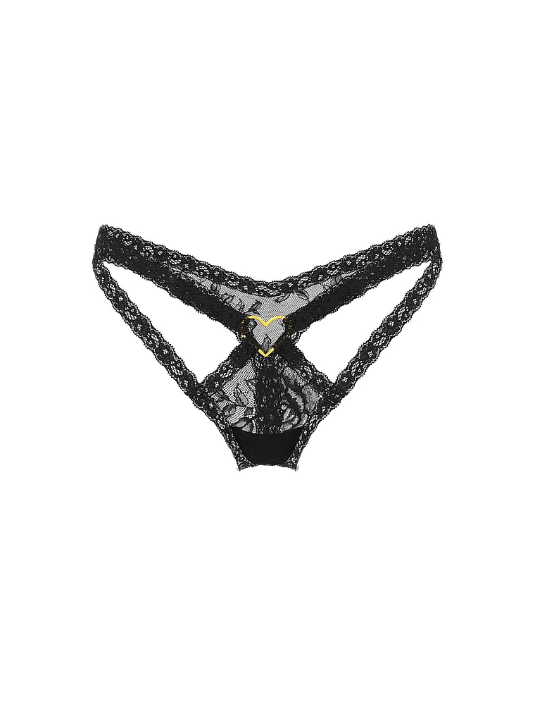 Victoria's Secret, Very Sexy Lace Heart Hardware Strappy Thong Panty, Black, offModelFront, 3 of 3