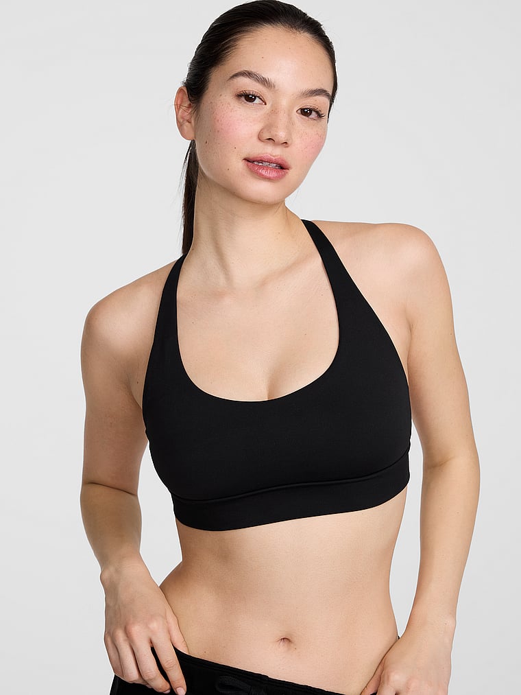 PINK PINK Relay™ Scoop T-Back Sports Bra, Pure Black, onModelBack, 2 of 3