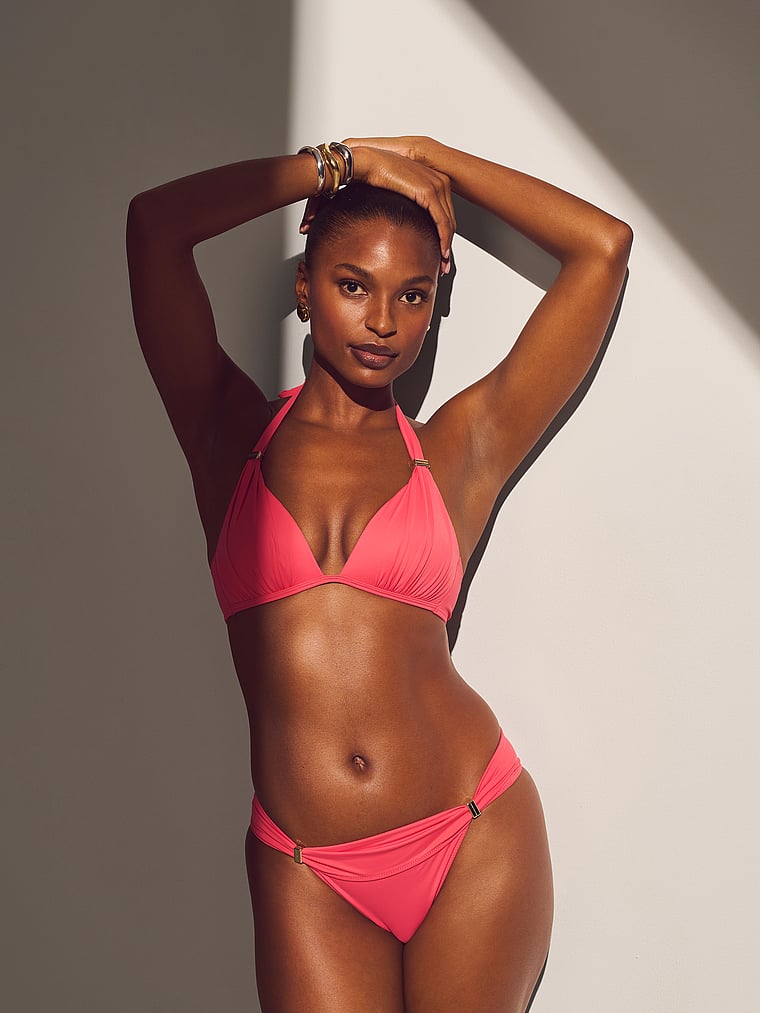 Victoria's Secret, Victoria's Secret Swim Harlow Halter Push-Up Bikini Top, Poppy, onModelSide, 4 of 4 Tsheca  is 5'9" or 175cm and wears 34B or Small