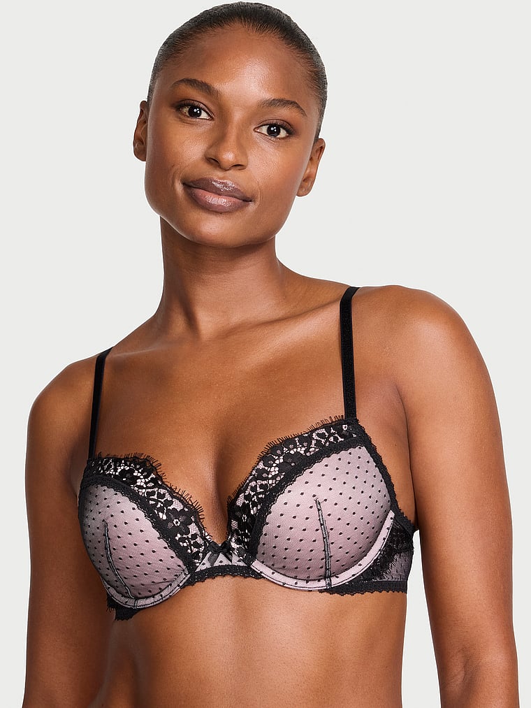Victoria's Secret, Dream Angels Heritage Dot Mesh Lace-Trim Push-Up Bra, Angel Pink, onModelFront, 1 of 3 Tsheca  is 5'9" or 175cm and wears 34B or Small