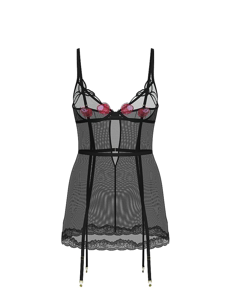 Cherry Embroidery Sequin Shine Cupped Garter Slip