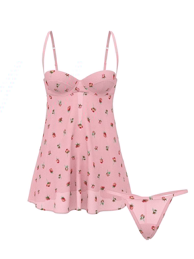 Victoria's Secret, Dream Angels Chiffon Unlined Balconette Babydoll Set, Petal Pink Floral, offModelFront, 3 of 3