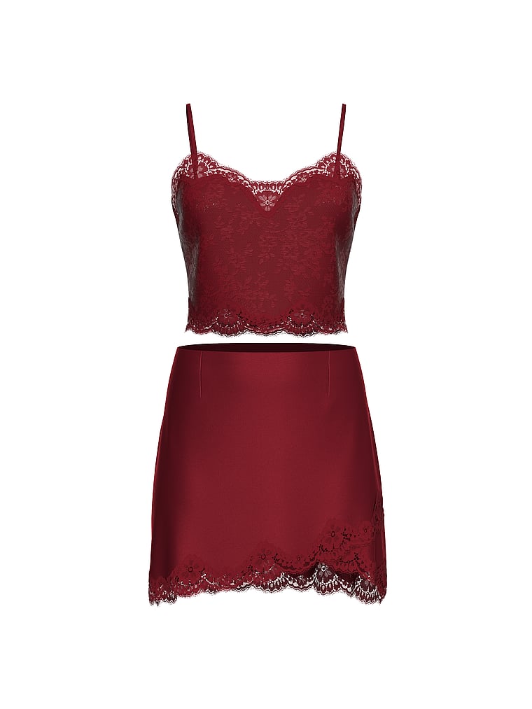 Victoria's Secret, Dream Angels Satin Lace Cami & Mini Skirt Set, Sangria Red, offModelFront, 3 of 3