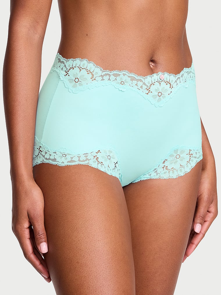 Victoria's Secret, Dream Angels Lace-Trim Boyshort Panty, Canal Blue, onModelFront, 1 of 4