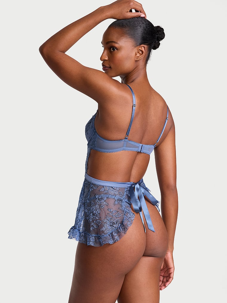 Victoria's Secret, Very Sexy Wicked Unlined Denim Rose Lace Apron Set, Denim Blue, onModelBack, 2 of 3