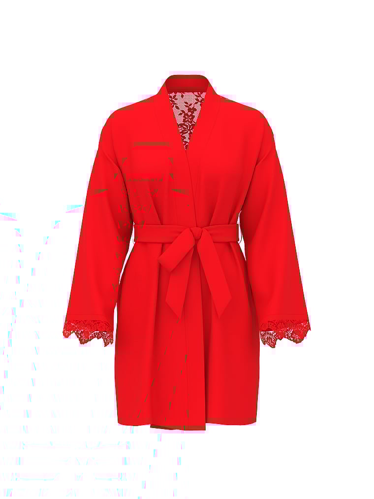 Victoria's Secret, Dream Angels Chiffon & Lace Short Robe, Bright Vermillion, offModelFront, 3 of 3