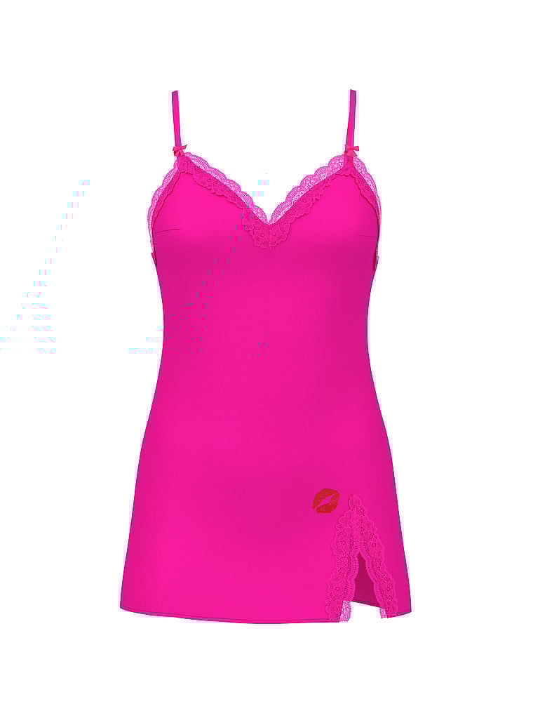 Victoria's Secret, Victoria's Secret Tease Satin Lace-Trim Mini Slip Dress, Enchanted Pink, offModelFront, 4 of 4