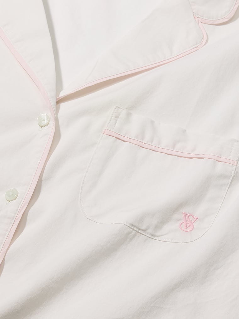 Victoria's Secret, Victoria's Secret Heritage Cotton Long Pajama Set, VS White with Pink Piping, onModelBack, 3 of 5