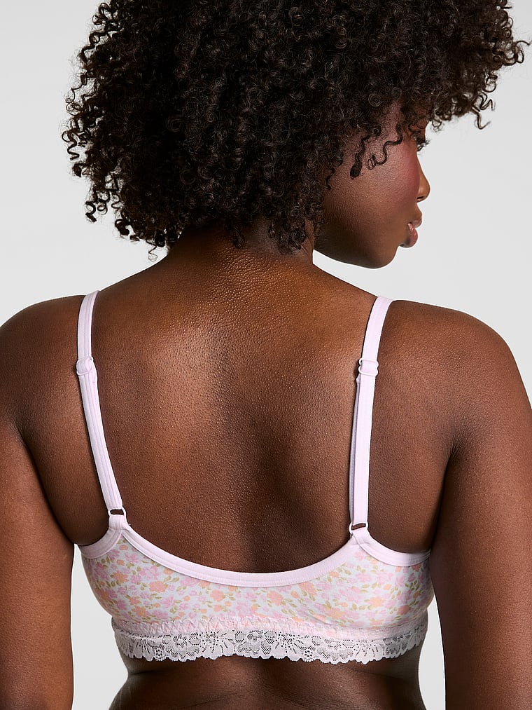 PINK Cotton Lace-Trim Scoop Bralette, Lilac Floral Print, onModelBack, 2 of 3 Fanta is 5'11" and wears 34D or Medium