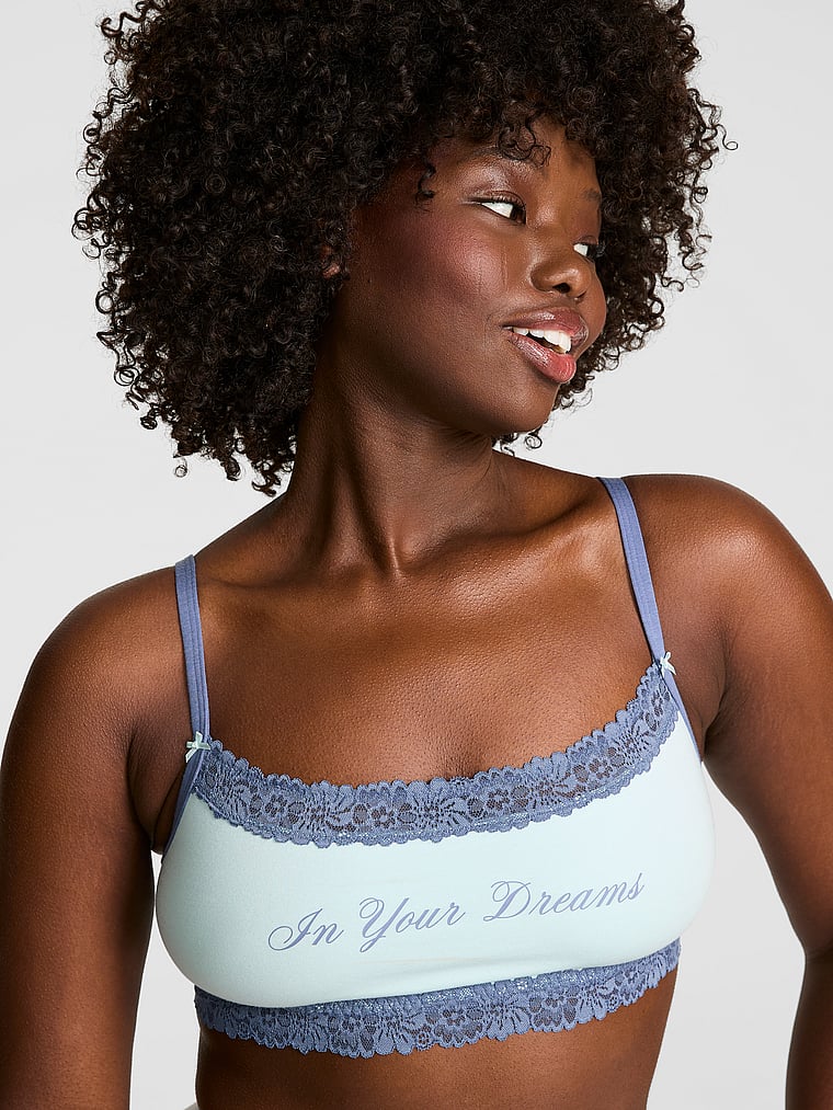 PINK Cotton Lace-Trim Scoop Bralette, Spray Blue, onModelFront, 1 of 2 Fanta is 5'11" and wears 34D or Medium