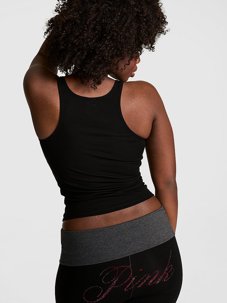 PINK Relaxed Rib Boyfriend Tank Top, Pure Black, onModelBack, 2 of 3 Fanta is 5'11" or 180cm and wears Medium
