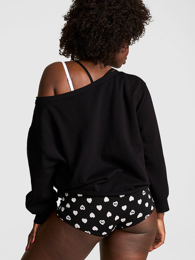 PINK Campus Fleece™ Rib Off-The-Shoulder Sweatshirt, Pure Black, onModelBack, 2 of 3 Fanta is 5'11" or 180cm and wears Medium