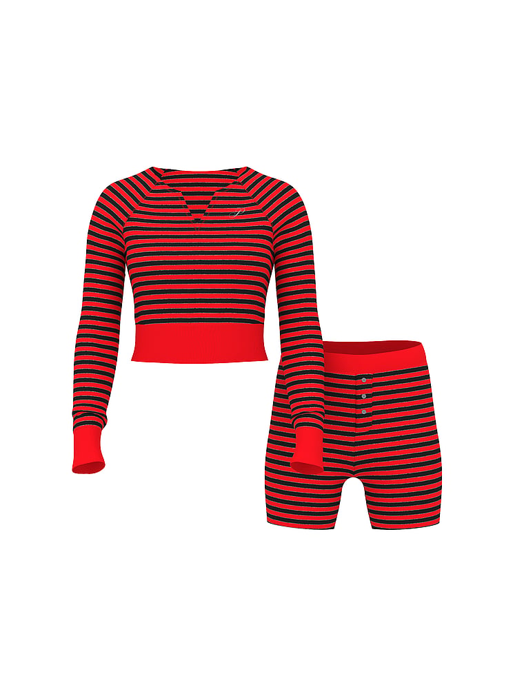 PINK Thermal Short Pajama Set, Bright Vermillion Lurex Stripes, offModelFront, 3 of 3