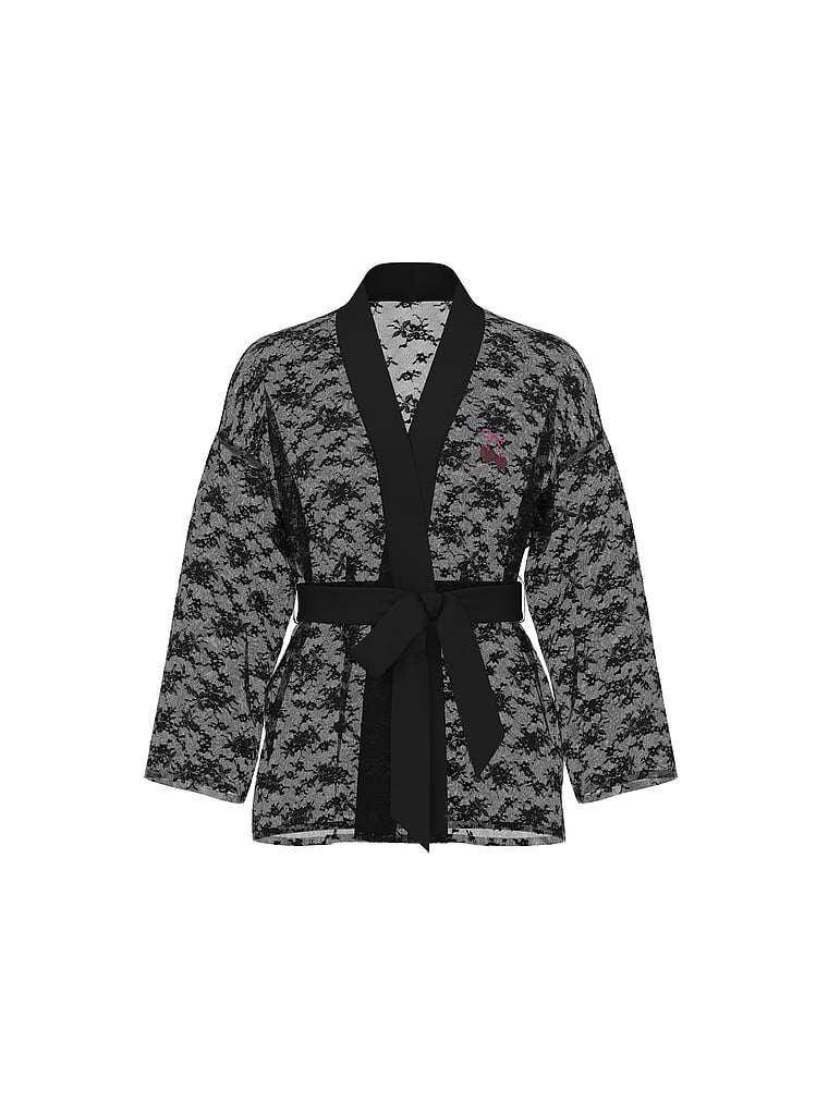 Victoria's Secret, Very Sexy Cherry Pop Embroidery Lace Mini Robe, Black, offModelFront, 3 of 3