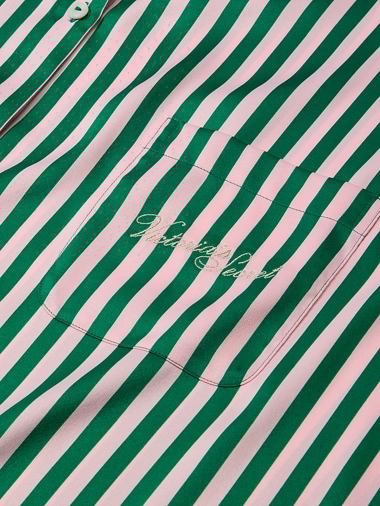 Victoria's Secret, Victoria's Secret Signature Satin Oversized Long Pajama Set, Prettiest Pine & Angel Pink Stripes, onModelBack, 3 of 6